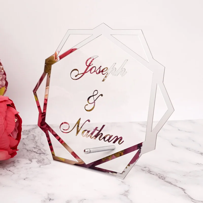 Hexagon Acrylic Table Standing Custom Wedding Name Personalized Mirror Frame Acrylic Word Sign Party Decor With Standing Nail
