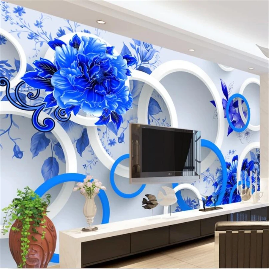 

beibehang Custom wallpaper 3d flower blooming rich blue and white fashion 3D background wall living room bedroom decorative обои