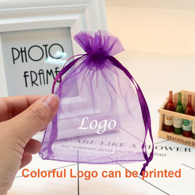 100 pezzi personalizzati colorati Logo coulisse Organza borse piccoli sacchetti gioielli display pacchetto borse gioielli sacchetto regalo organizzatore