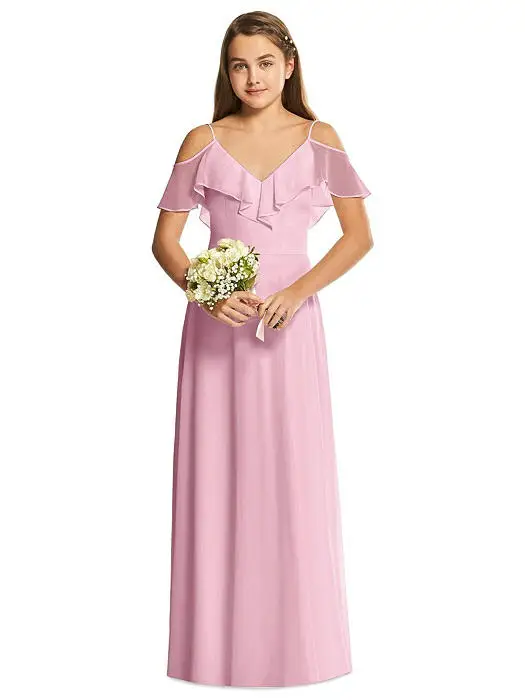 

Candy Pink Cheap Junior Bridesmaid Dresses Under 50 A-line Spaghetti Straps Shoulder Ruffles Chiffon Long Wedding Party Dresses