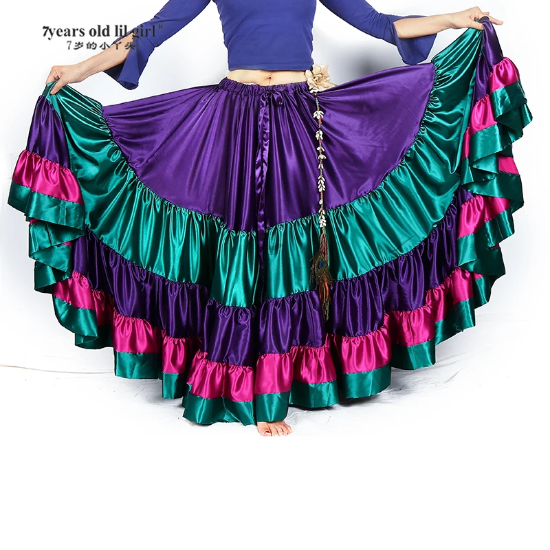 

2025 New Belly Dancing Tribal Ruffle Flamenco Satin 25 Yard 4 Tiered Skirt Gypsy Skir 9EX54