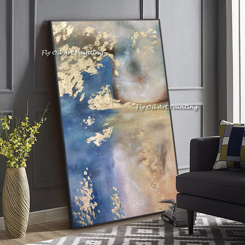 100% Handmade Oil Painting  Blue Sea Sky Gold Foil Wall Art Canvas Morden Abstract Wall Picture For dining Room Decor