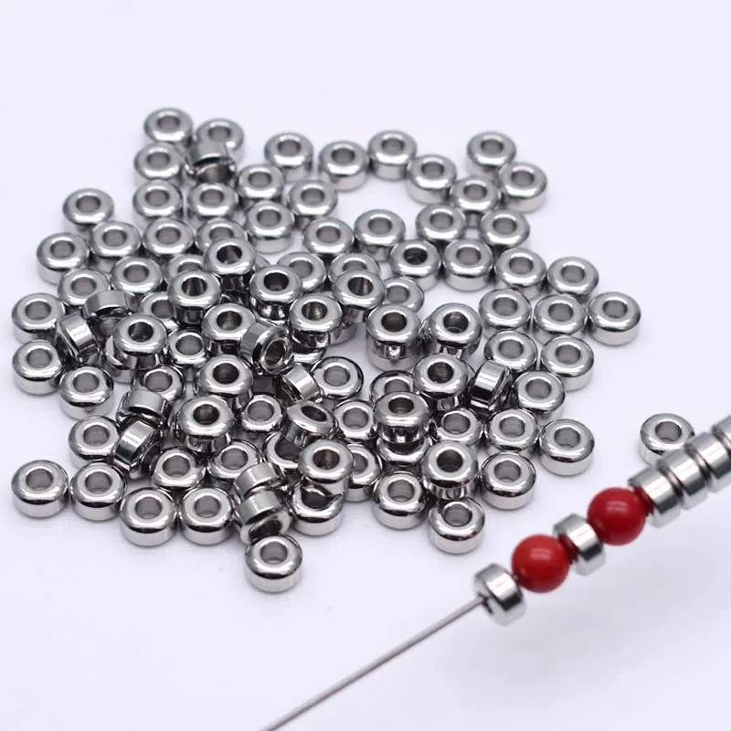 50Pcs 6mm Beads Stainless Steel Round Flat Metal Loose Spacer Beads For Jewelry Making DIY Bracelet Necklace 6*3.5mm Hole 3mm