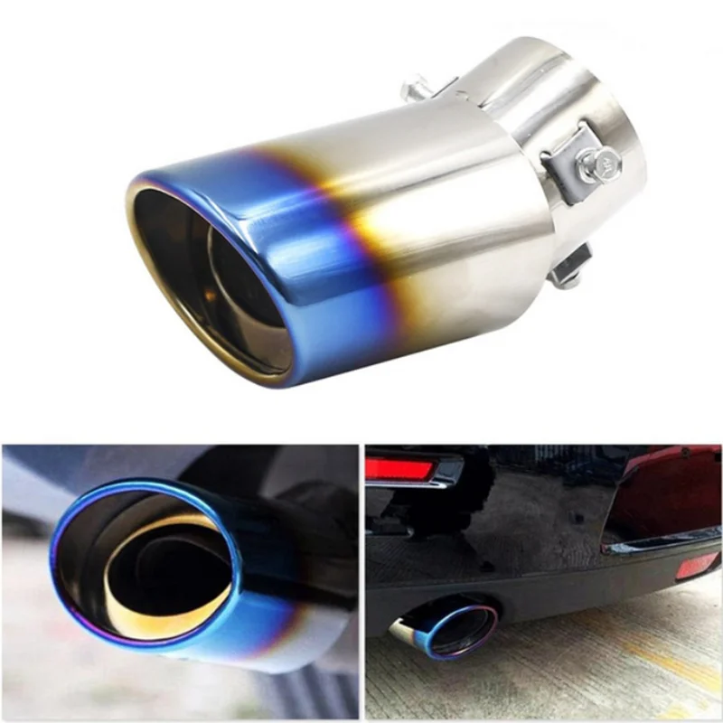 Silver / BLUE 63mm/2.48'' Universal Car Exhaust Tailpipe Nozzle Muffler Tube Round Tail Straight/Bend Stainless Steel Slip On