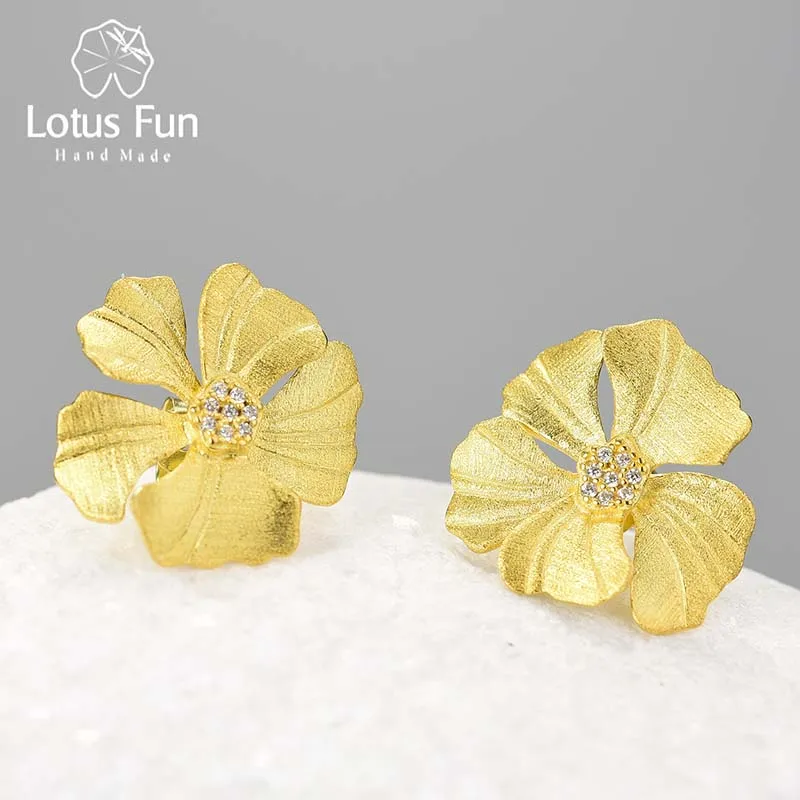 Lotus Fun Real 925 Sterling Silver Natural Zircon Elegant Big Peony Flower Stud Earrings for Women 18K Gold Statement Jewelry