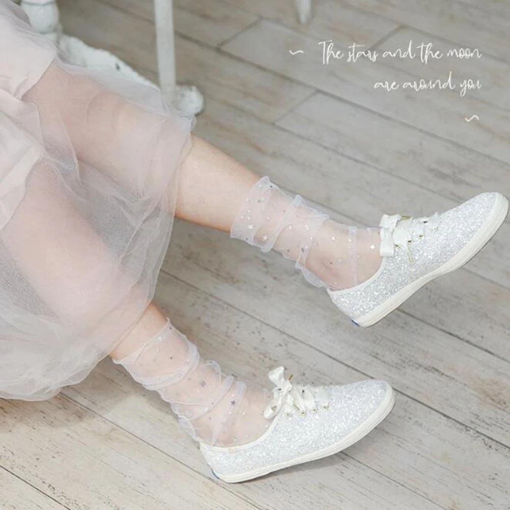 Fashion Star Moon Tulle Socks Women Transparent Thin Long Socks Female Dress Lace Funny Socks Dress Sock Streetwear calcetines