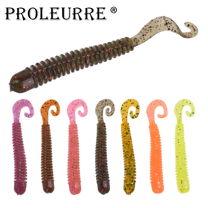 20pcs/Lot Worm Soft Bait 6.5cm 1.5g Shrimp Smell With Salt Silicone Lure Spiral Long Tail Vivid Swimbaits Bass Fishing Tackle