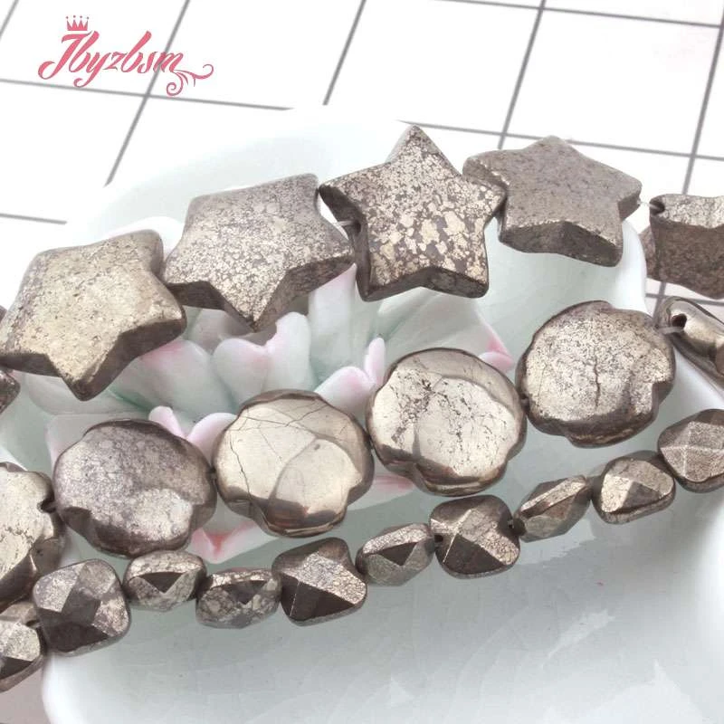 Natural Pyrite Loose Beads Silver Gray Natural Stone Beads For DIY Woman Necklace Earring Bracelets Jewelry Making Strand 15\