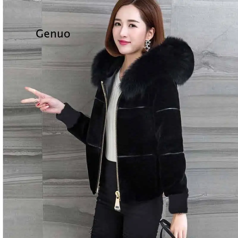 New Women\'s Winter Sheep Sharing Overcoat Ladies High Waist Slim Faux Fur Jacket Female Fake Fox Fur Hooded Short Coat