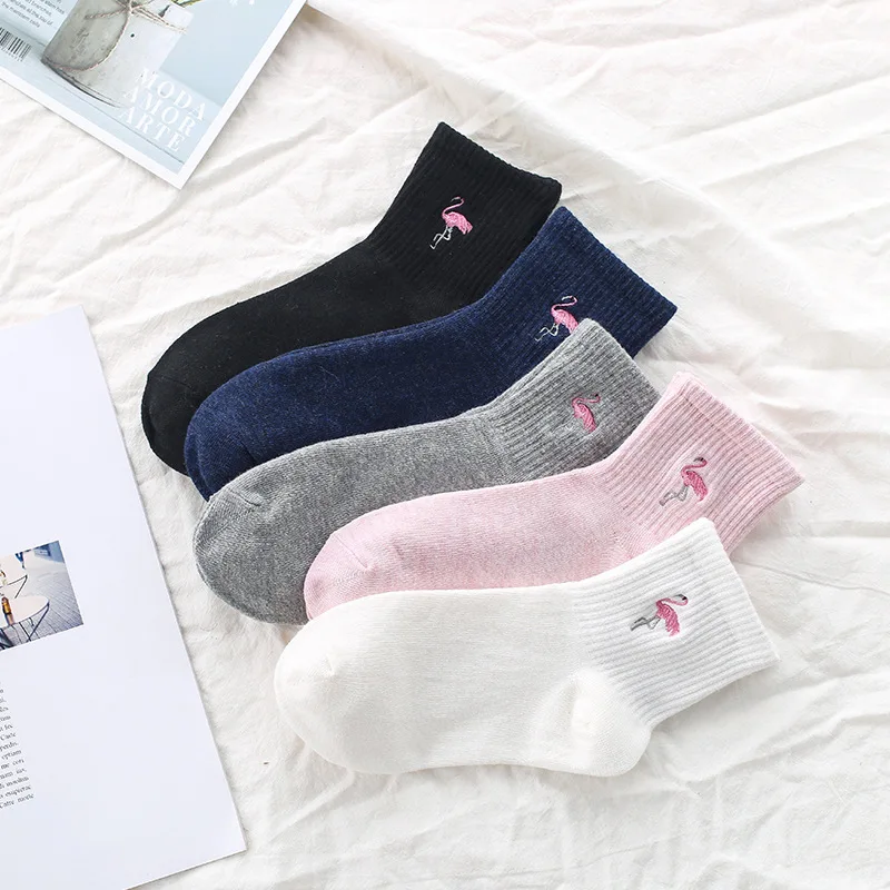 Japanese Harajuku Cute Flamingos Funny Socks Women Kawaii Animals Embroidery Skarpetki Socks Novelty Cotton Calcetines Mujer