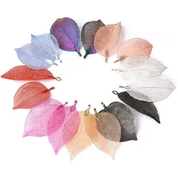 5 Pieces Real Leaves Pendants Electroplated Natural Hollow Long Leaf Charm Beads For DIY Making Women Jewelry Necklace Accessory