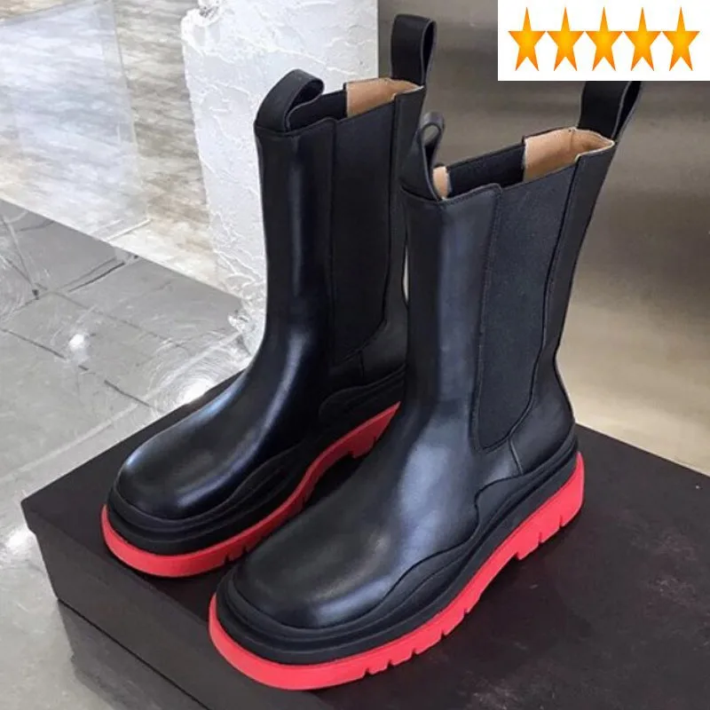 

Winter Classic Chelsea Autumn Women Platform Real Leather Shoes Fashion Elastic Slip-On Round Toe Black Motorcycle Boots
