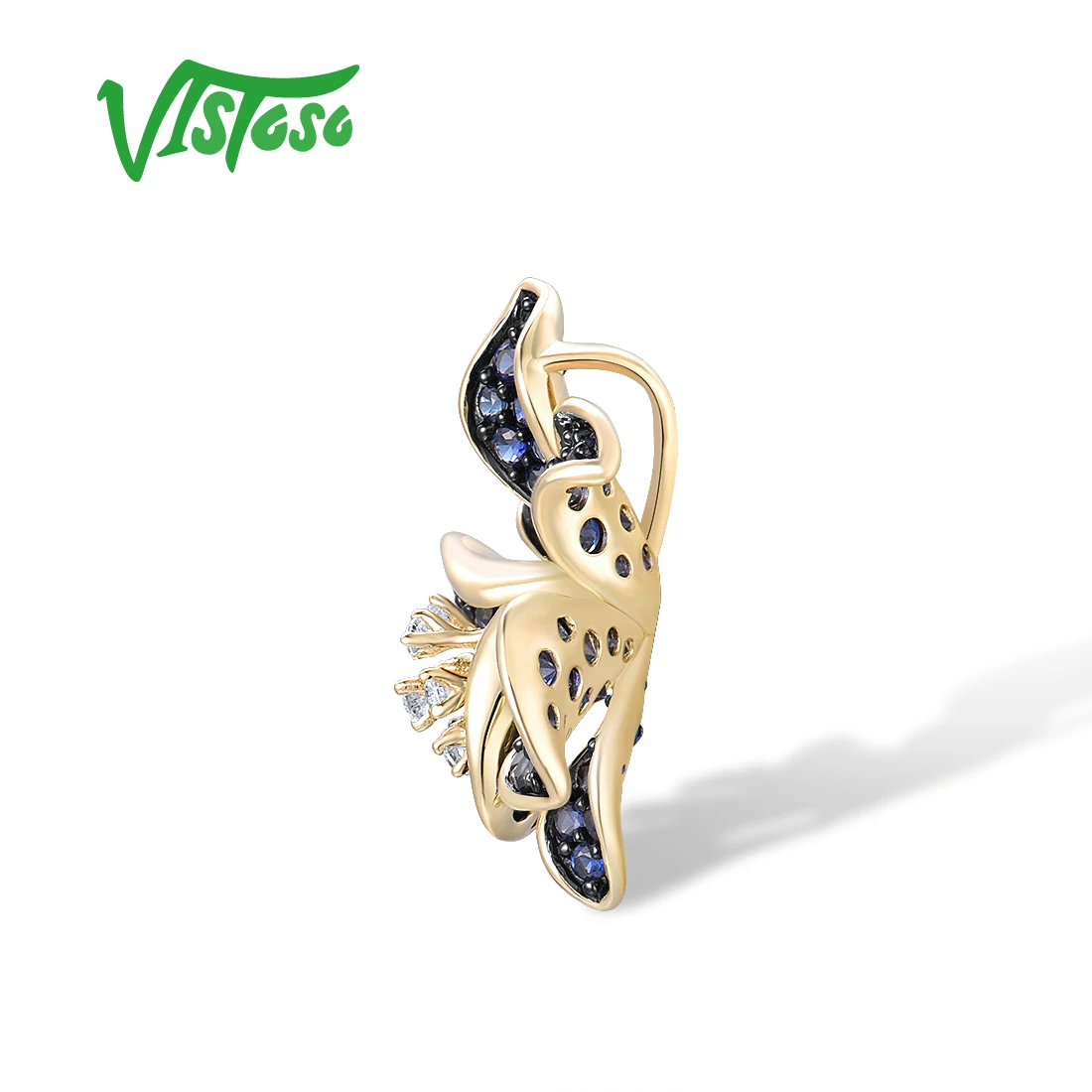 VISTOSO 9K 375 Yellow Gold Pendant For Women Lab Created Sapphire White Topaz Blue Lily Flower Pendant Delicate Fine Jewelry