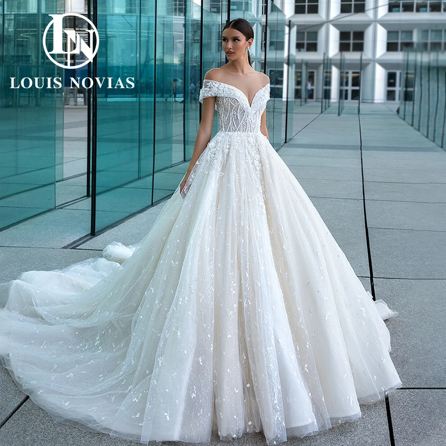 LOUIS NOVIAS Luxury Wedding Dresses For Women Sexy Polka Dot Beaded 3D Flowers Shimmering Beadied Wedding Gown Vestidos De Novia