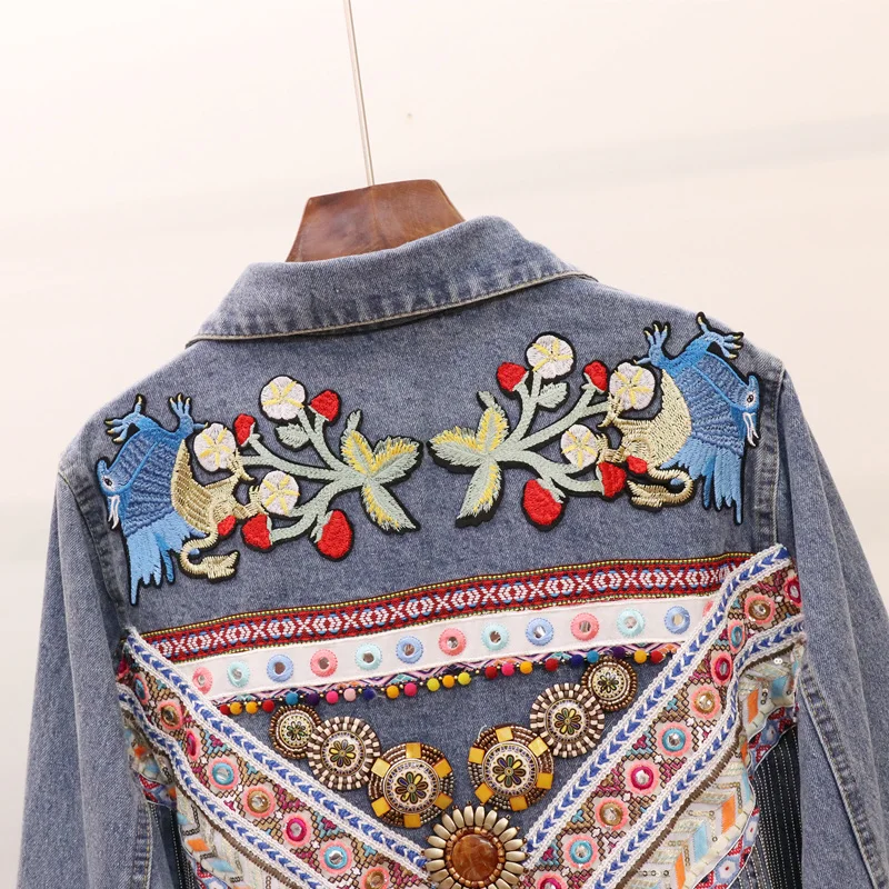 Denim Jacket Female Autumn Vintage Ethnic Appliques Embroid Tassels Bead Loose Sleeve Outerwear Jacket Women Chaquetas Mujer