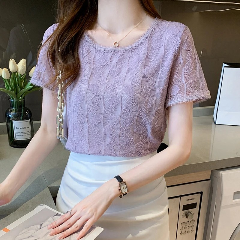 Summer Women Blouse Short Sleeve O-Neck Hollow Lace Blouse Shirt Blouse Women Blusas Mujer De Moda 2024 Blouses Top Femme E953