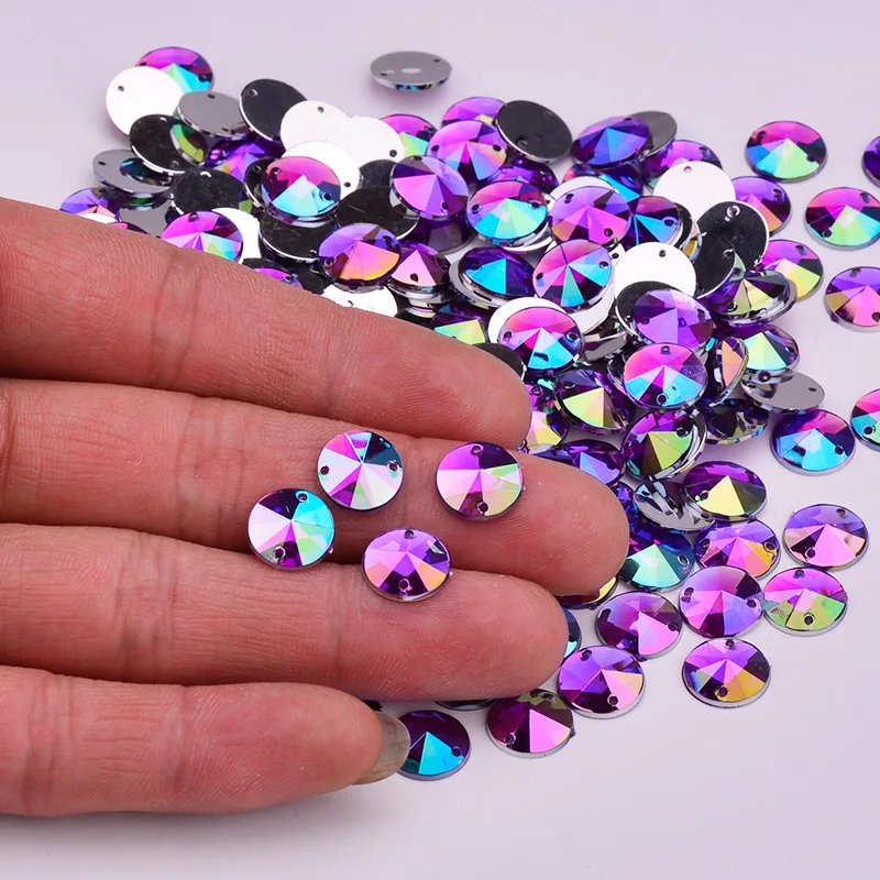 JUNAO 500pc 10mm Purple AB Flat Back Sewing Rhinestone Sew On Rivoli Strass Button Round Crystal Stone with Hole for Needlework