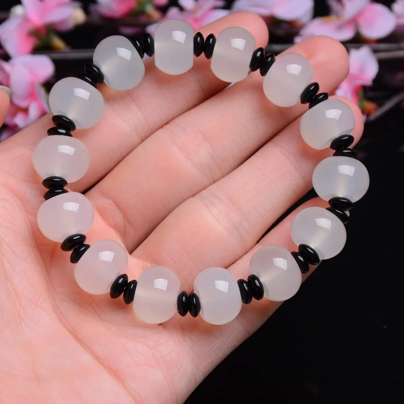 

Natural white agate handcarved round beads bracelets beads for couples woman men beads bracelet with jade bracelet