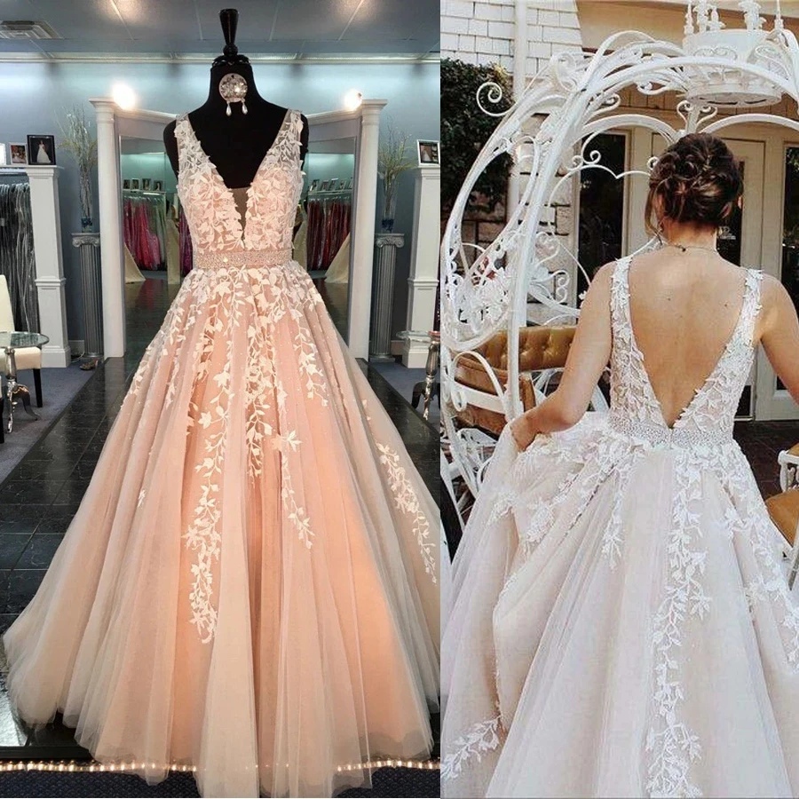 

ANGELSBRIDEP V-Neck Long Evening Party Dresses Junior Pageant Dresses for Women Sexy Backless Floor-Length Formal Prom Dress Hot