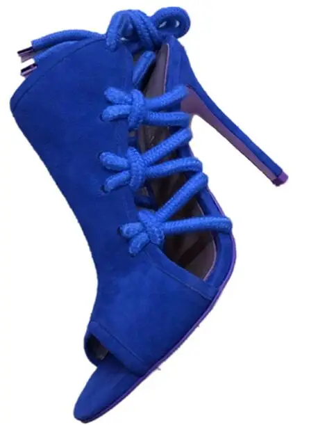 New Woman Green Blue Red Purple Suede Thick Ropes Cuts Out Sandals Peep Toe Lace Up Thin Heels Slingback Party Sandals Shoes