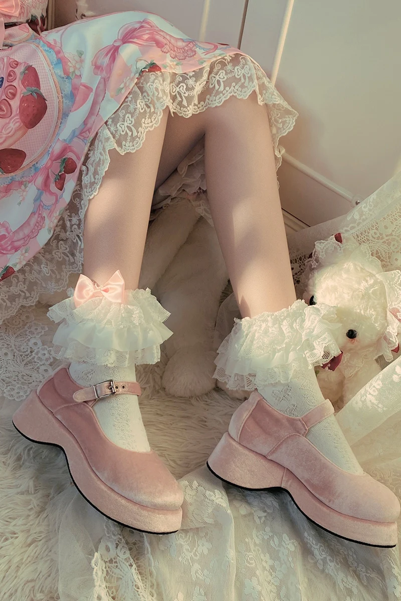 Màu Hồng Dễ Thương Lolita Viền Ren Nơ Cotton Đống Tất Cổ Tất Ren