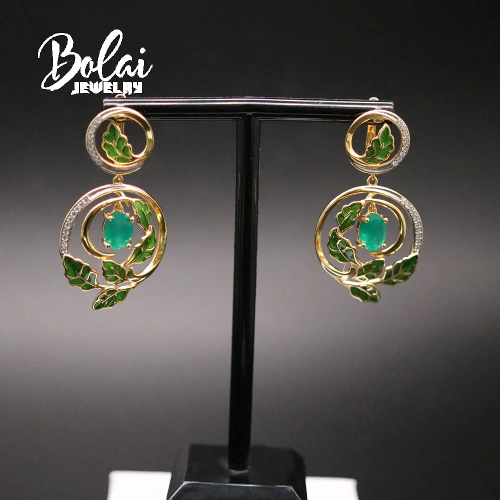 bolai,2021 new 925 sterling silver natural green agate oval 6*8mm Big earrings, Fresh leaf shape design, suitable for party wear