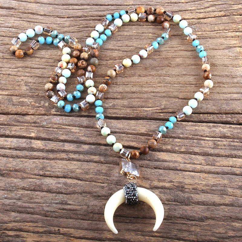 Fashion Bohemian Jewelry Natural Stones Crystal Glass Knotted Ox Horn Moon Pendant Necklace Women Boho Necklaces  Girls