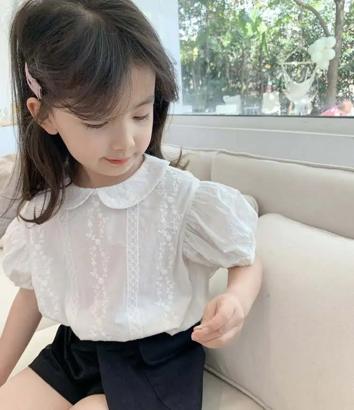 Girls Short-sleeved Shirt Girls\' Shirts Summer Children\'s White Doll Collar Tops Baby Korean Short-Sleeved Cute