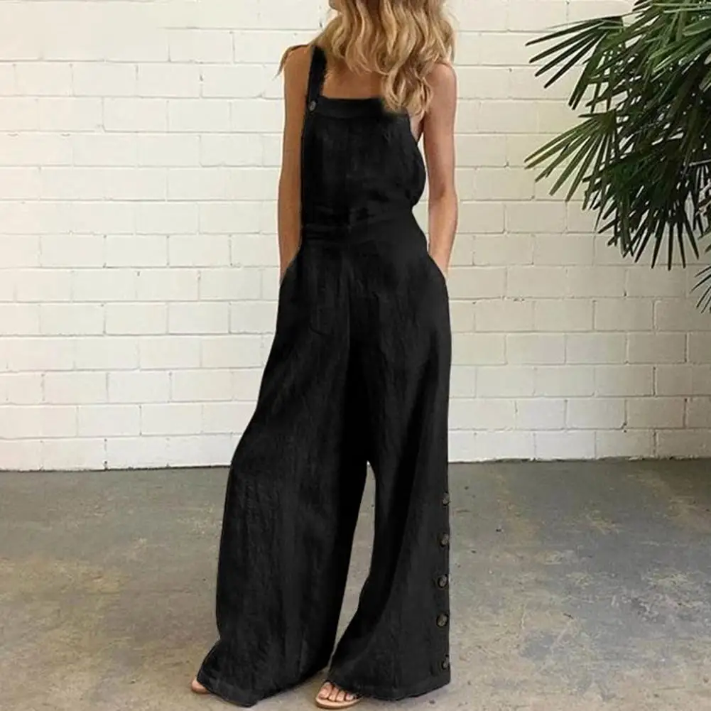 Kobiety kombinezon lato bez rękawów jednolity kolor szerokie nogawki kieszenie luźne Strappy Playsuit ogólnie szerokie nogawki kieszenie mono mujer verano