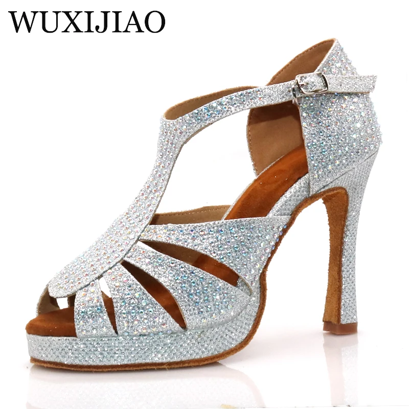 Wuxijiao Baru Wanita Perak Berkedip Kain Sepatu Dansa Rhinestones Salsa Sepatu Ballroom Menari Sepatu dengan 10 Cm