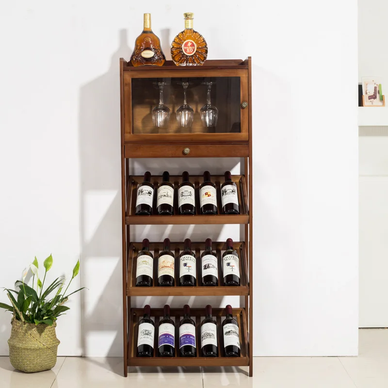 53x33x130cm Wine Cabinet with Stainless Steel Cup Holder Single Door Restaurant Small Wine Shelf Solid Wood LivingRoom WineCase