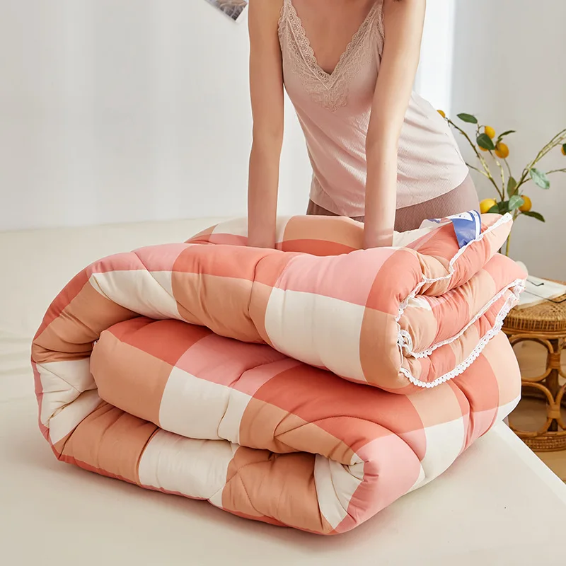 

Cangge Sweam Winter Washed Cotton Air-Conditioning Quilt Soft Breathable Blanket Thin Stripe Plaid Comforter Bed Cover