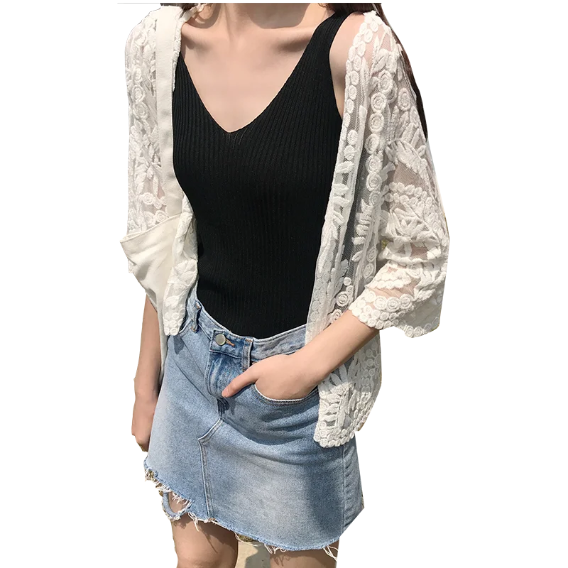 Thin Summer Cardigan Women Bohemian Cotton Embroiery Lace Cardigan Sheer Crop Tops Ladies Plage Cover-ups Sunprotection Jacket