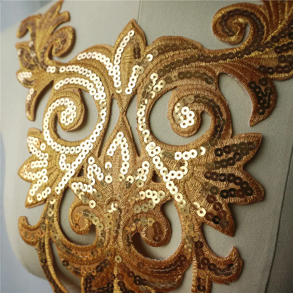 Gold Sequin Owl Embroidered Fabric Trims Wedding Gown Appliques Collar Mesh Sew Iron On Patches For Dress DIY Decoration