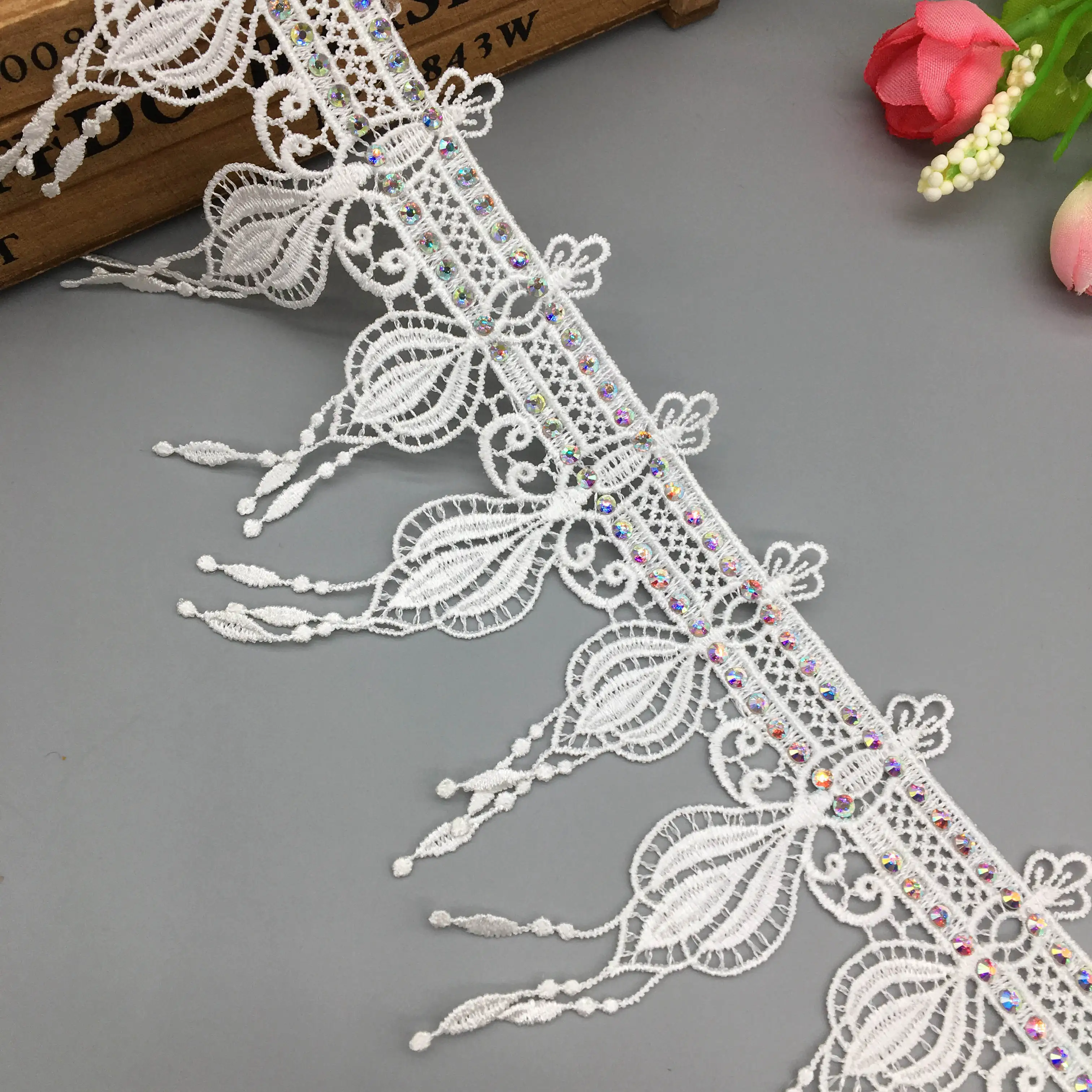 

1 yard 8.5CM Rhinestones Flower Tassel Handmade Beaded Embroidered Lace Trim Ribbon Applique Wedding Dress Sewing Craft DIY