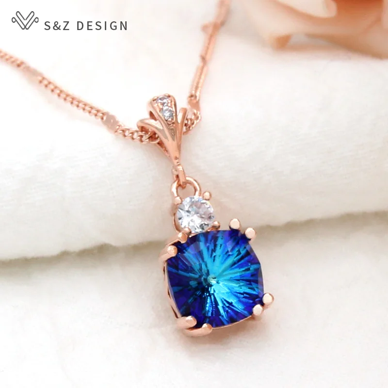 S&Z DESIGN New Fashion Elegant Luxury Colorful Square Crystal Pendant Necklace For Women 585 Rose Gold Color Jewelry