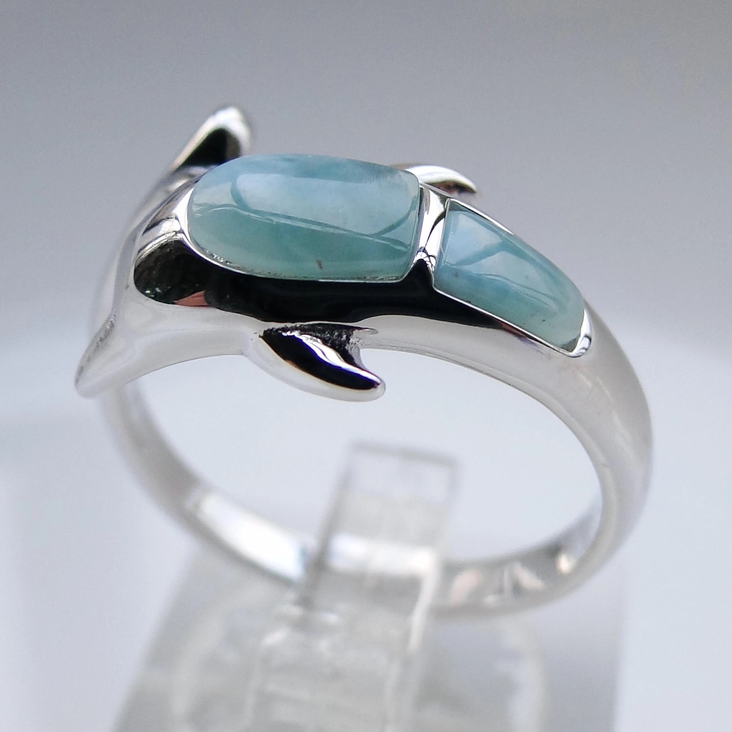 100% 925 Sterling Silver Sea Life Animal Collection Natural Larimar Dolphin Ring For Gift