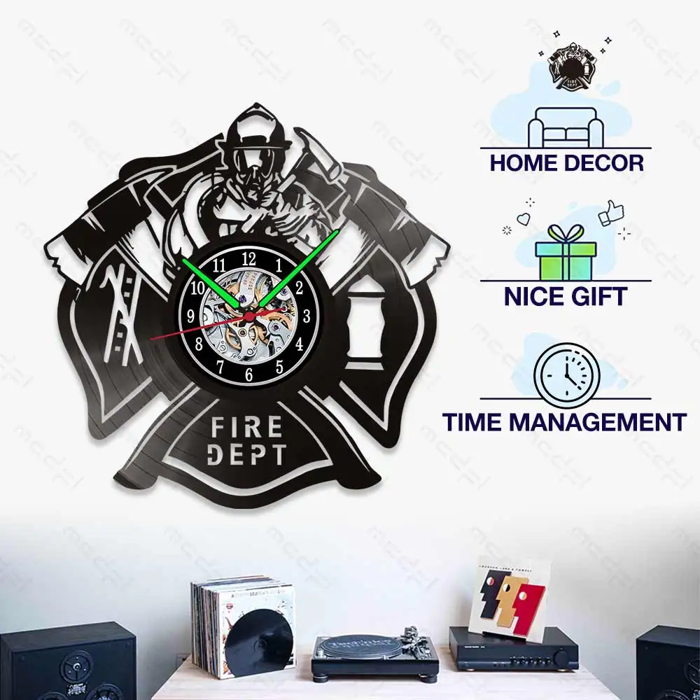 MCDFL Fire Department Vinyl Record Wall Clock Modern Watch Geek Mural Kitchen Decoration Industrial Stickers Rustic Home Decor