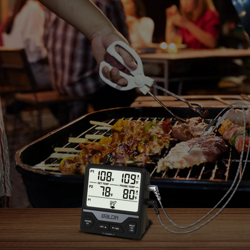 

Цифровой пищевой термометр Baldr с двумя зондами, кухонный прибор для измерения температуры, для приготовления мяса, гриля, коптильни, водонепроницаемый ЖК-дисплей, для барбекю, с таймером и будильником