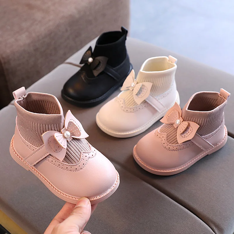 New Girls Fashion Leather Boots Autumn Children\'s Soft Sole Short Boots Cute Bow Knitted Single Shoes G265