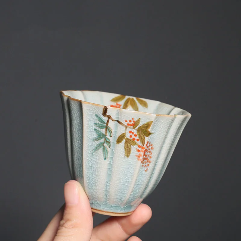 Hand Painted Celadon Loquat Petals Master Cup Crackle Glaze Tea Cup Household  Kungfu Teaset Single Cup Tea Ceremony customized