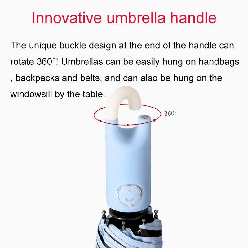 Brand New 8K Automatic Solid Color Womens Umbrella Rain Women 360° Rotating Hook Handle Parasol 3-folding Windproof Sun Umbrella