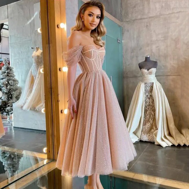 Smileven-Vestidos cortos de tul con hombros descubiertos para fiesta de graduación, traje de noche con escote Corazón, color rosa, personalizado