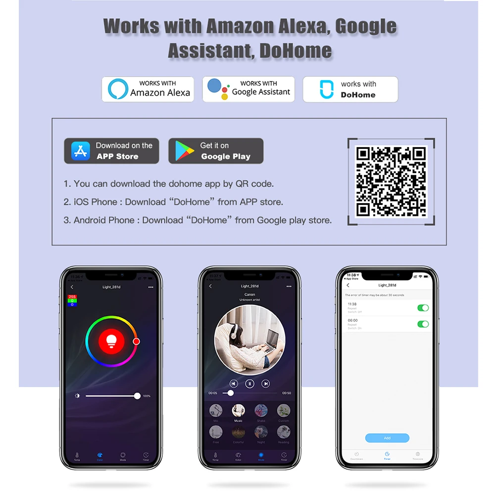 E27 WiFi Smart Light Bulb LED RGB Lamp Work with Alexa/Google Home 90-250V RGB+White+Warm white Dimmable IOS/Android APP Control