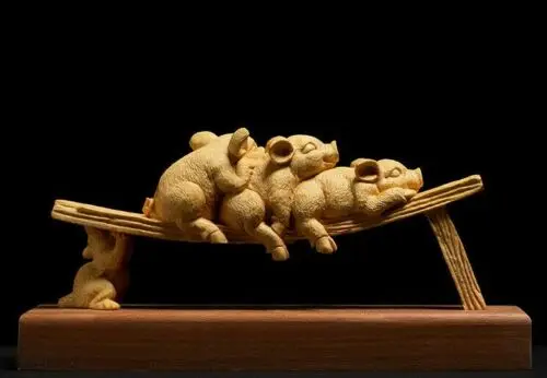 D073ca - 20*9.5*6 CM Carved Boxwood Carving Figurine Home Decor : Lovely Pigs