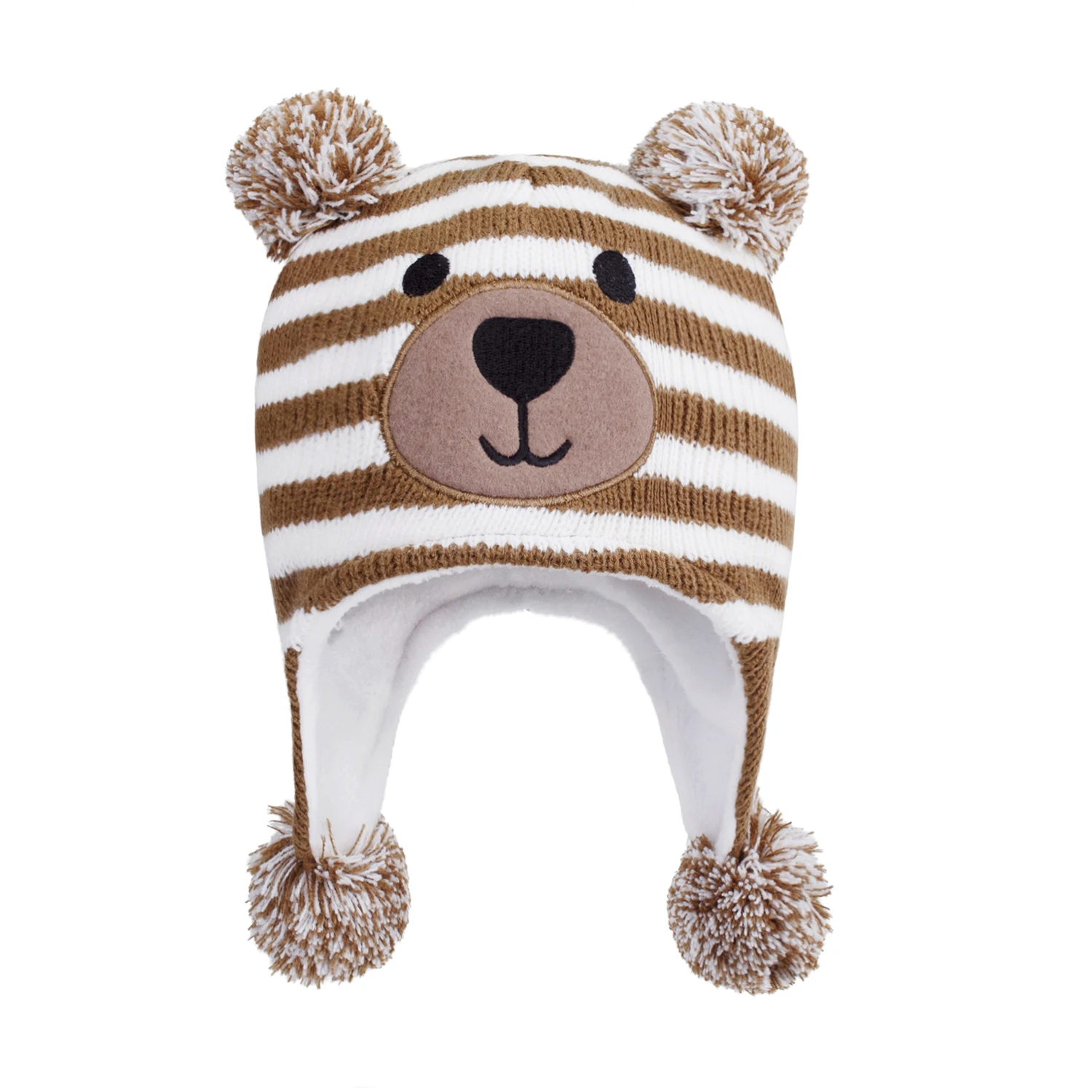 Baby Winter Warm Trapper Hat 0.5-4Y Infant Toddler Cartoon Bear Stripes Double Pompom Snow Hat Kids Fleece Lined Earflap Beanie