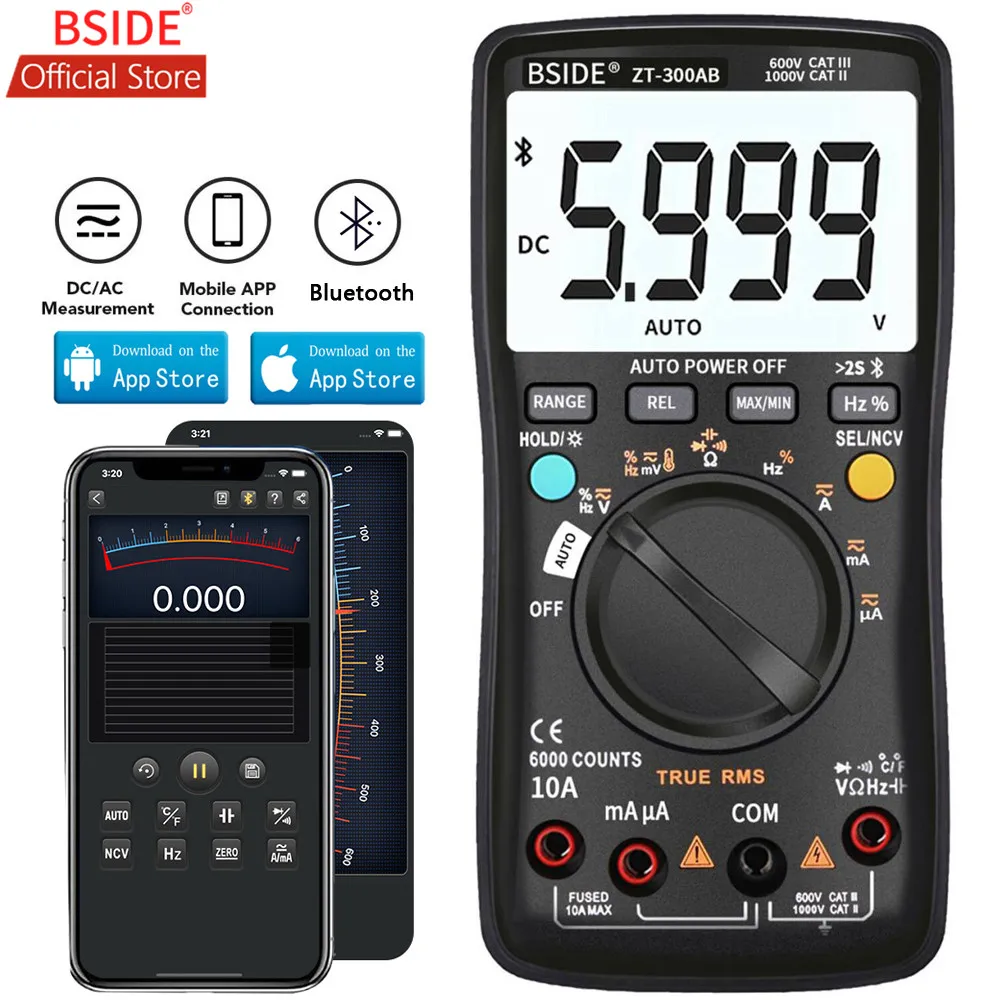 BSIDE ZT-300AB Wireless Digital Multimeter True RMS Manual/Auto Ranging 6000 Counts DMM Voltage Capacitance Temp Amp Ohm Diode