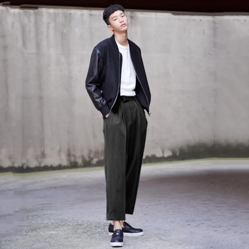 Spring/Summer Men's Casual Pants Gray Blue Black Trend Curled Straight Pants Pleated Pants Loose Foot Naked Pants