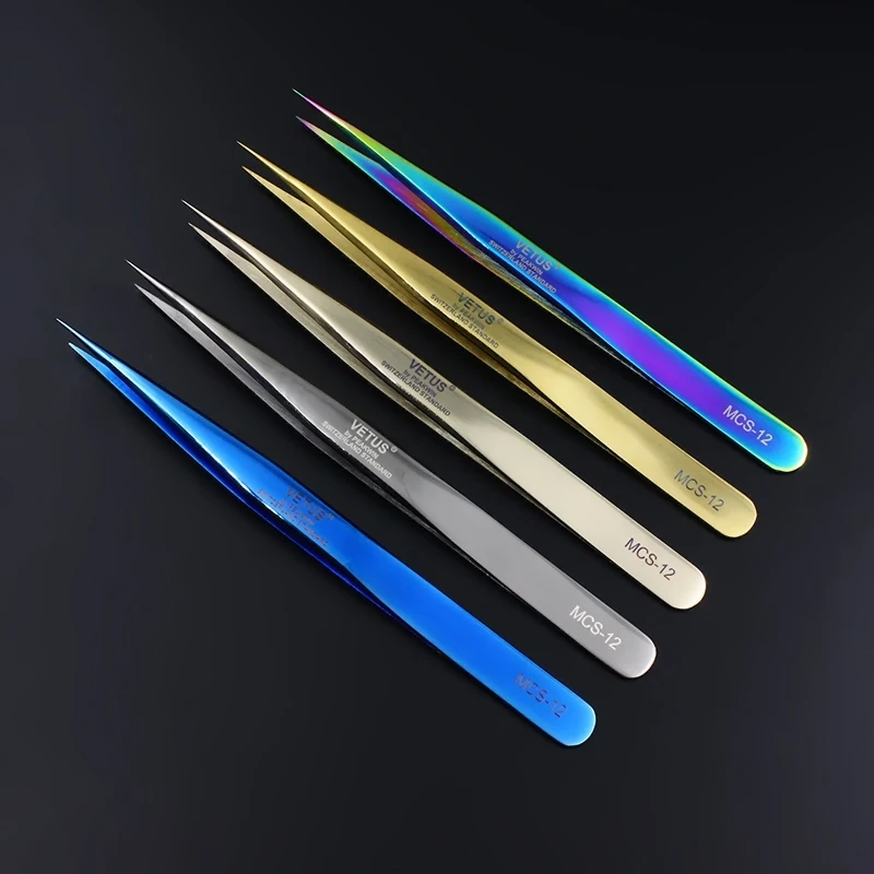 Vetus Original MCS-12 Tweezers Premium Mink Eyelashes Extension Plant Pincers Straight Head 5 Corlours Available