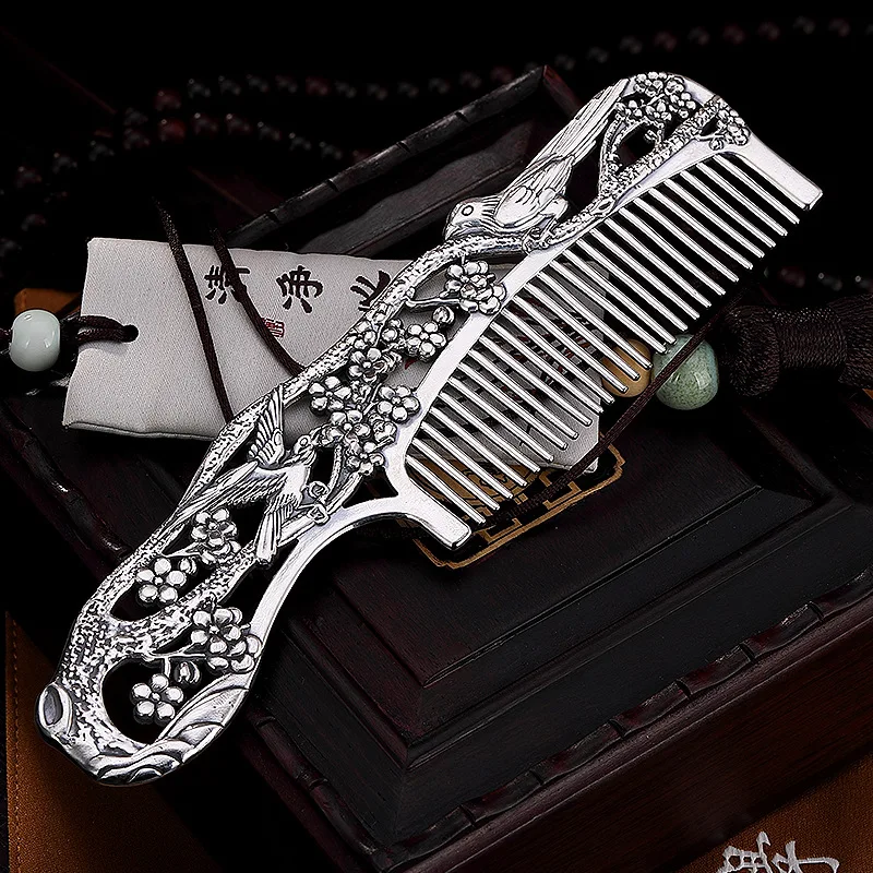 999 Pure Silver Retro Personality Magpie Plum Creative Silver Comb Hair Comb